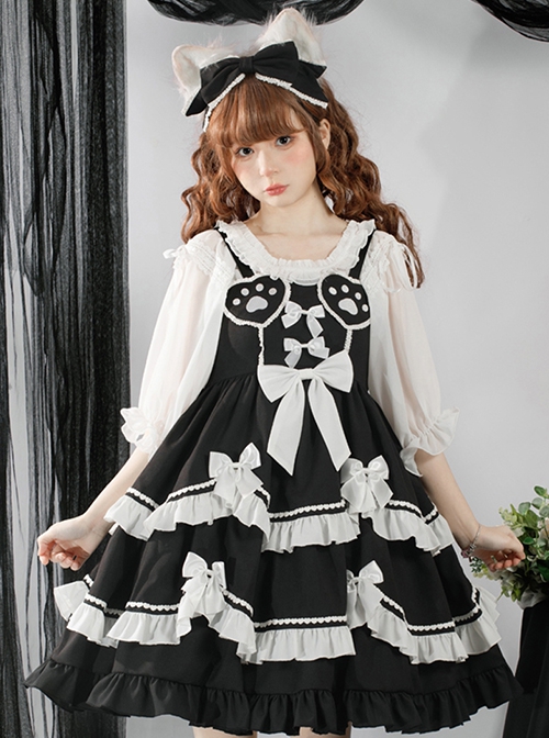 Sweet And Spicy Heart-Shaped Cat Claw Decoration Bow Black And White Pleated Sweet Lolita Suspenders Sleeveless Dress