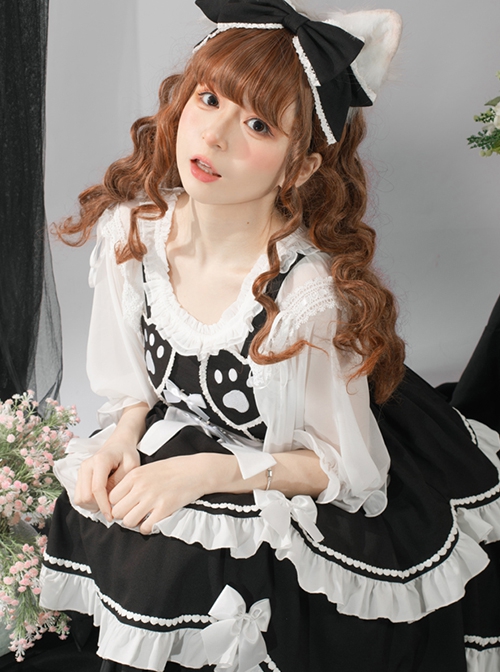 Sweet And Spicy Heart-Shaped Cat Claw Decoration Bow Black And White Pleated Sweet Lolita Suspenders Sleeveless Dress