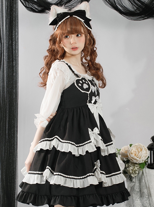 Sweet And Spicy Heart-Shaped Cat Claw Decoration Bow Black And White Pleated Sweet Lolita Suspenders Sleeveless Dress