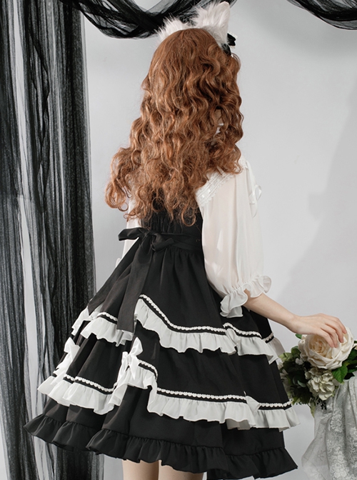 Sweet And Spicy Heart-Shaped Cat Claw Decoration Bow Black And White Pleated Sweet Lolita Suspenders Sleeveless Dress