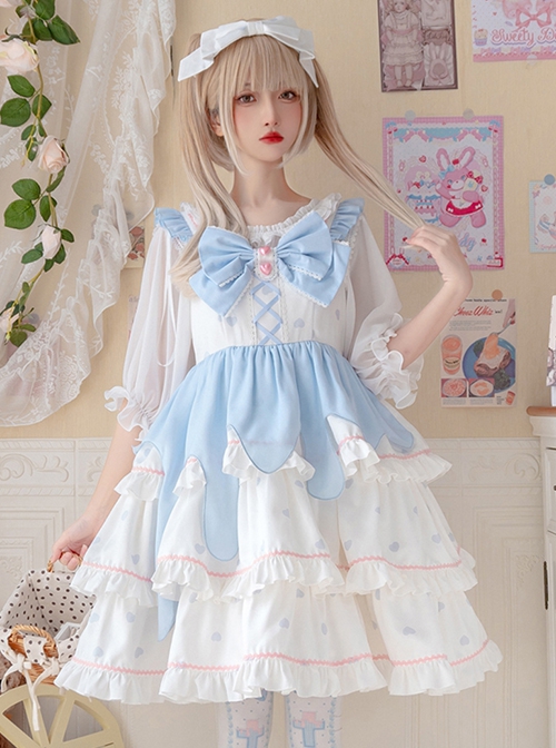 White Peach Mousse Series Blue-White Love Decoration Love Print Bow Three-Stage Sweet Lolita Suspender Sleeveless Dress