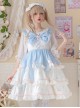 White Peach Mousse Series Blue-White Love Decoration Love Print Bow Three-Stage Sweet Lolita Suspender Sleeveless Dress