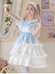 White Peach Mousse Series Blue-White Love Decoration Love Print Bow Three-Stage Sweet Lolita Suspender Sleeveless Dress