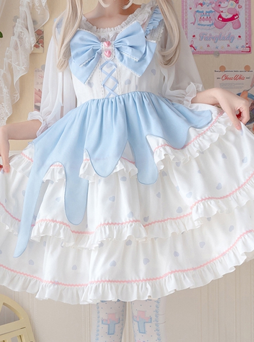 White Peach Mousse Series Blue-White Love Decoration Love Print Bow Three-Stage Sweet Lolita Suspender Sleeveless Dress