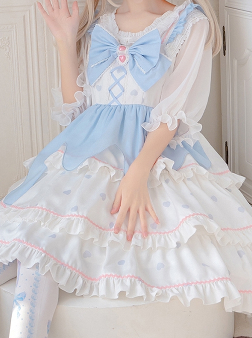 White Peach Mousse Series Blue-White Love Decoration Love Print Bow Three-Stage Sweet Lolita Suspender Sleeveless Dress