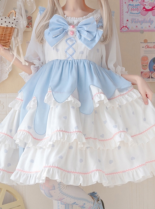 White Peach Mousse Series Blue-White Love Decoration Love Print Bow Three-Stage Sweet Lolita Suspender Sleeveless Dress