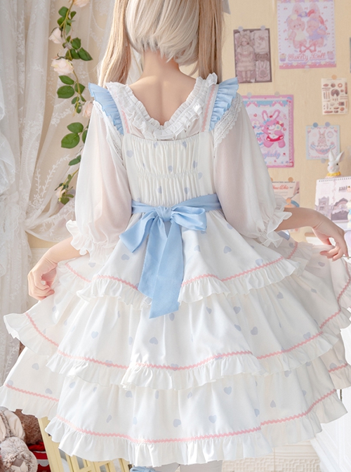 White Peach Mousse Series Blue-White Love Decoration Love Print Bow Three-Stage Sweet Lolita Suspender Sleeveless Dress