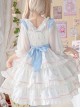 White Peach Mousse Series Blue-White Love Decoration Love Print Bow Three-Stage Sweet Lolita Suspender Sleeveless Dress