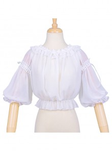 White Ruffled Lace Decoration Semi-Transparent Lantern Sleeve Fungus Edge Sweet Lolita Chiffon Half Sleeve Shirt