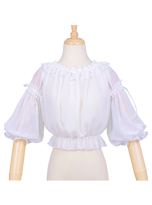 White Ruffled Lace Decoration Semi-Transparent Lantern Sleeve Fungus Edge Sweet Lolita Chiffon Half Sleeve Shirt