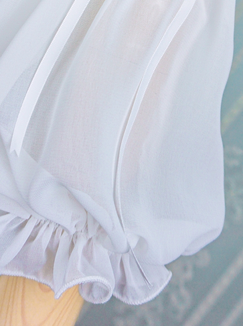 White Ruffled Lace Decoration Semi-Transparent Lantern Sleeve Fungus Edge Sweet Lolita Chiffon Half Sleeve Shirt
