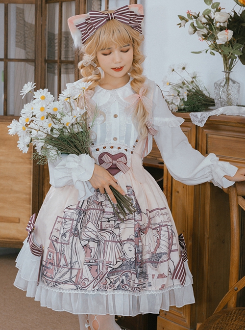 Photo Frame Otome Series Cute Doll Collar Shirt Rabbit Decorative Print Love Lace Bow Stripe Sweet Lolita Skirt Suit
