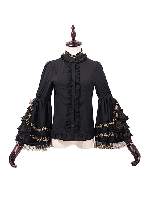 Do Not Fall Kingdom Series Gorgeous Stand Collar Heavy Industry Gold Embroidery Flared Sleeve Ruffle Classic Lolita Long Sleeve Shirt