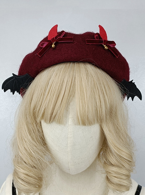 Solid Color Devil Horns Bat Wings Bow-Knot Bell Halloween Gothic Lolita Three-Dimensional Beret