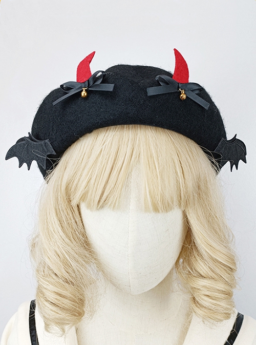 Solid Color Devil Horns Bat Wings Bow-Knot Bell Halloween Gothic Lolita Three-Dimensional Beret