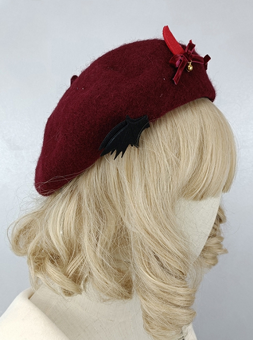 Solid Color Devil Horns Bat Wings Bow-Knot Bell Halloween Gothic Lolita Three-Dimensional Beret