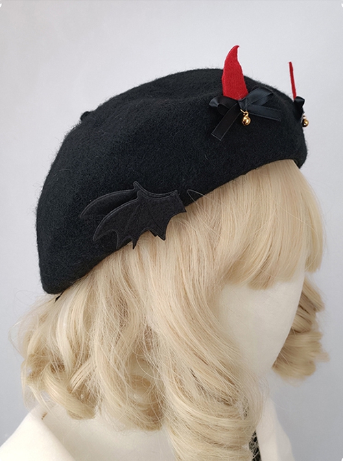 Solid Color Devil Horns Bat Wings Bow-Knot Bell Halloween Gothic Lolita Three-Dimensional Beret