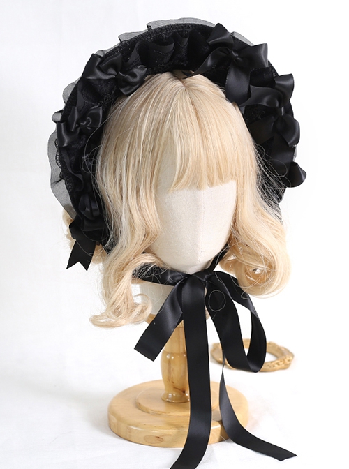 Black Lace Yarn Mesh Flounce Cute Detachable Bow-Knot Frenulum Sweet Lolita Hat