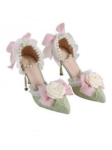 Gorgeous Elegant French Bead Chain Lace Bow Camellia Pointed Stiletto Classic Lolita Shoes