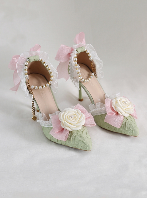 Gorgeous Elegant French Bead Chain Lace Bow Camellia Pointed Stiletto Classic Lolita Shoes