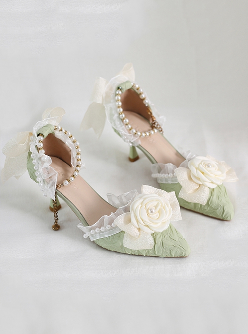 Gorgeous Elegant French Bead Chain Lace Bow Camellia Pointed Stiletto Classic Lolita Shoes