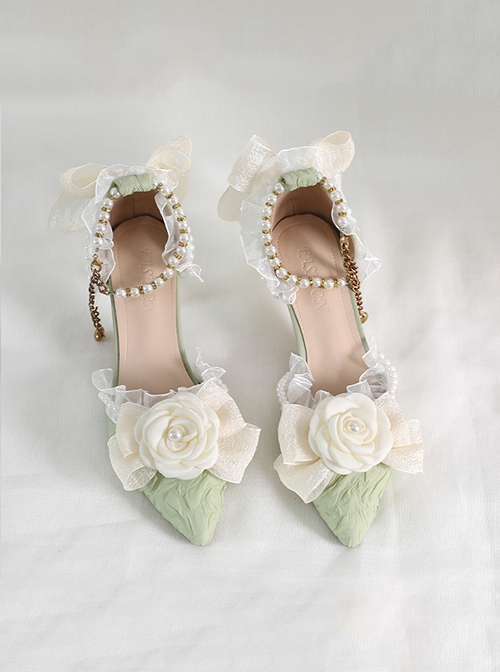 Gorgeous Elegant French Bead Chain Lace Bow Camellia Pointed Stiletto Classic Lolita Shoes
