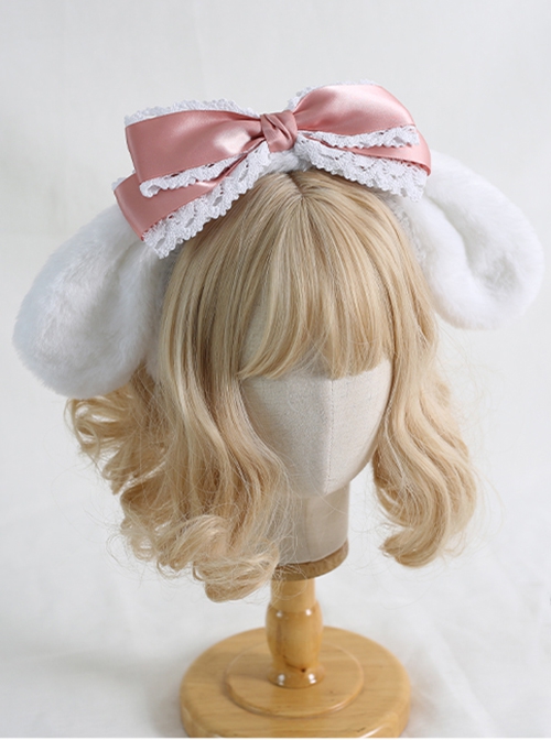 Sweet Girl Soft Cute White Plush Cute Big-Eared Dog Bow Lace Sweet Lolita Headband