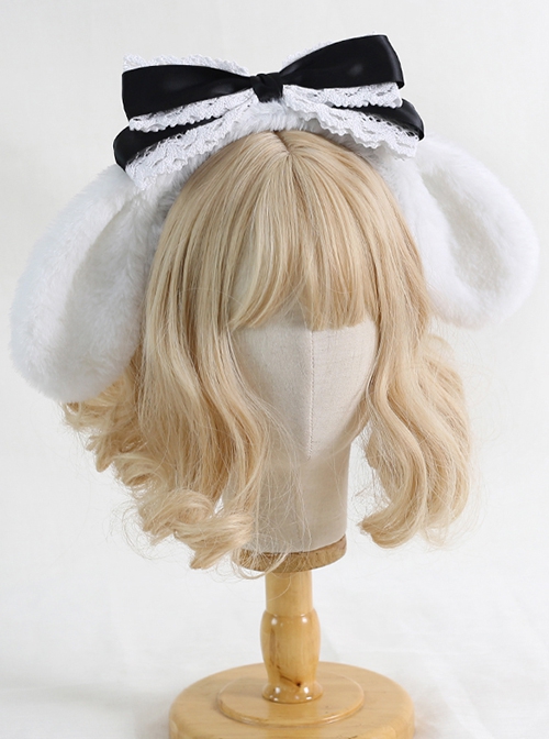 Sweet Girl Soft Cute White Plush Cute Big-Eared Dog Bow Lace Sweet Lolita Headband