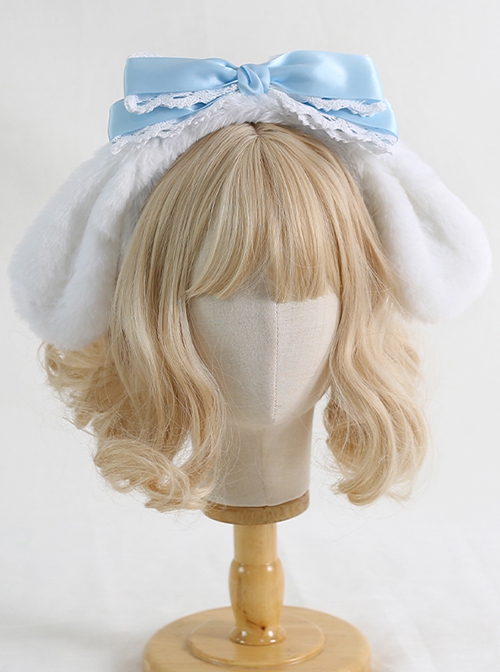 Sweet Girl Soft Cute White Plush Cute Big-Eared Dog Bow Lace Sweet Lolita Headband