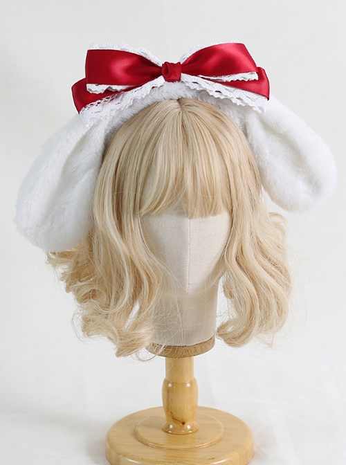 Sweet Girl Soft Cute White Plush Cute Big-Eared Dog Bow Lace Sweet Lolita Headband