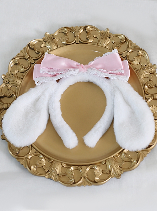 Sweet Girl Soft Cute White Plush Cute Big-Eared Dog Bow Lace Sweet Lolita Headband