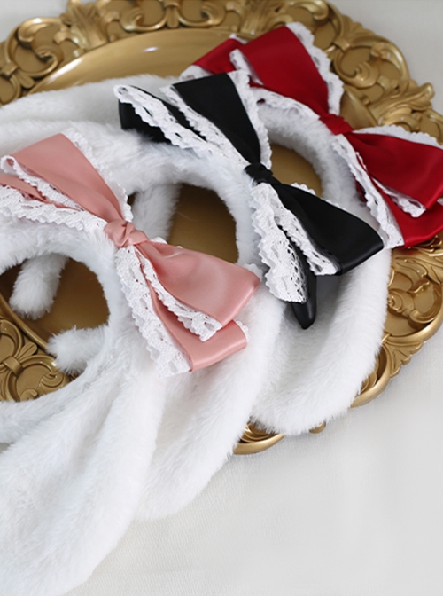 Sweet Girl Soft Cute White Plush Cute Big-Eared Dog Bow Lace Sweet Lolita Headband