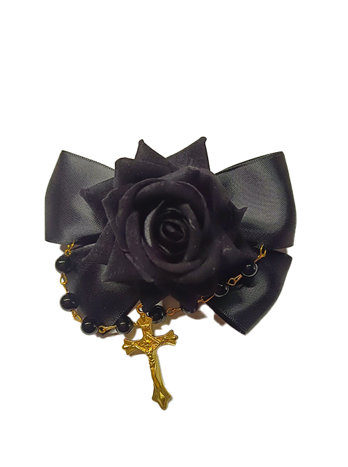 Golden Cross Bead Chain Vintage Court Velvet Red Rose Bow Gothic Lolita Hairpin