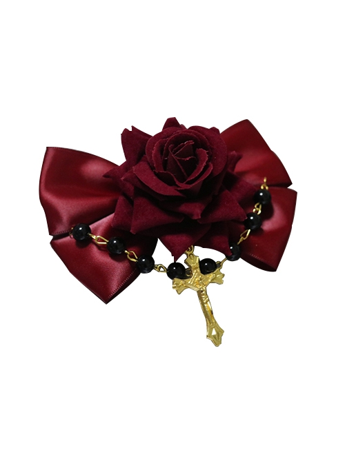 Golden Cross Bead Chain Vintage Court Velvet Red Rose Bow Gothic Lolita Hairpin