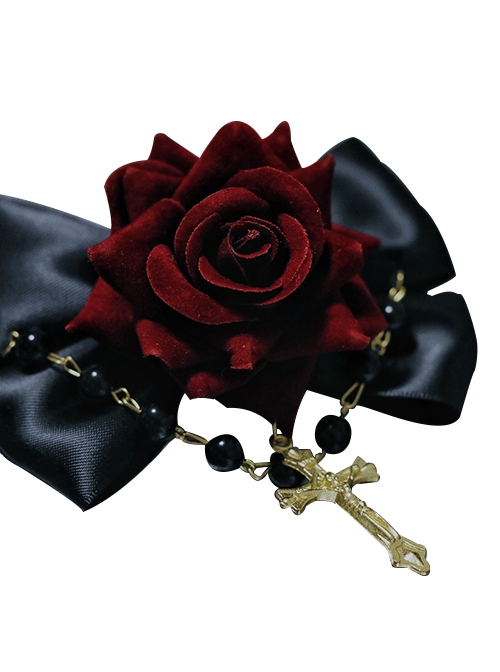 Golden Cross Bead Chain Vintage Court Velvet Red Rose Bow Gothic Lolita Hairpin