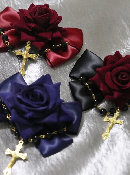 Golden Cross Bead Chain Vintage Court Velvet Red Rose Bow Gothic Lolita Hairpin