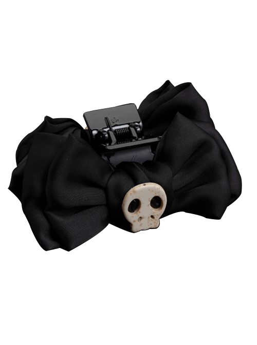 Black Simple Satin Bow Distressed Skull Halloween Gothic Lolita Shark Clip Hair Clip