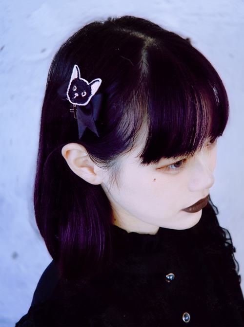 Dark Black Cat Cross Simple Halloween Gothic Lolita Girl Black Bow Hair Clip