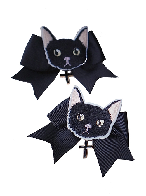 Dark Black Cat Cross Simple Halloween Gothic Lolita Girl Black Bow Hair Clip