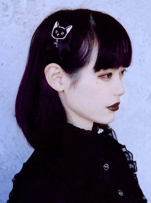 Dark Black Cat Cross Simple Halloween Gothic Lolita Girl Black Bow Hair Clip