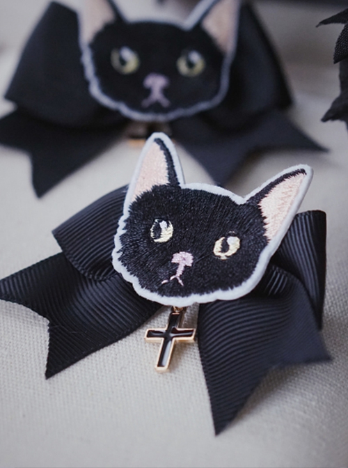 Dark Black Cat Cross Simple Halloween Gothic Lolita Girl Black Bow Hair Clip