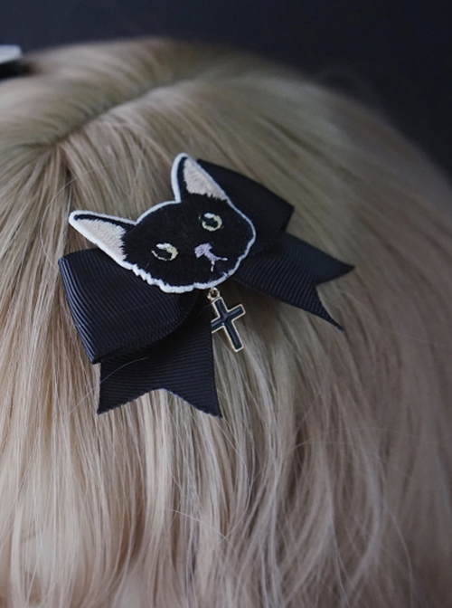 Dark Black Cat Cross Simple Halloween Gothic Lolita Girl Black Bow Hair Clip