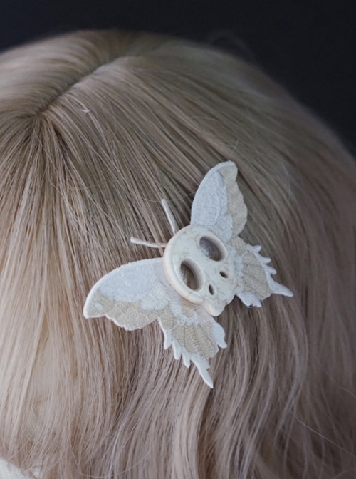 Gothic White Skull Embroidered Butterfly Halloween Gothic Lolita Girl Hair Clip