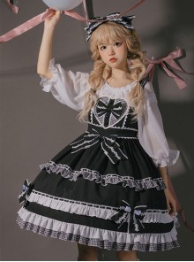 Sweet Cool Style Black-White Plaid Chest Front Love Bow Design Lace Embellished Ruffle Hem Sweet Lolita Sleeveless Dress