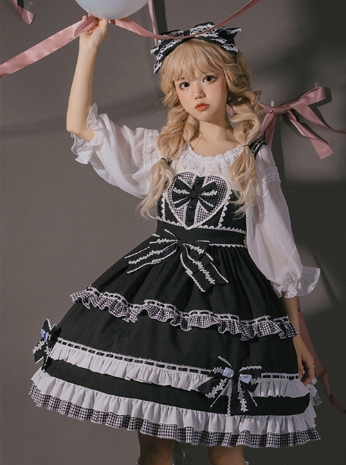 Sweet Cool Style Black-White Plaid Chest Front Love Bow Design Lace Embellished Ruffle Hem Sweet Lolita Sleeveless Dress
