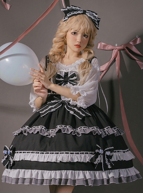 Sweet Cool Style Black-White Plaid Chest Front Love Bow Design Lace Embellished Ruffle Hem Sweet Lolita Sleeveless Dress