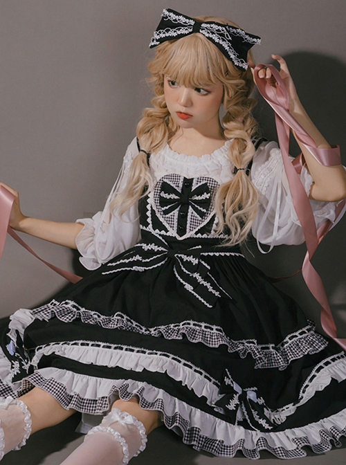 Sweet Cool Style Black-White Plaid Chest Front Love Bow Design Lace Embellished Ruffle Hem Sweet Lolita Sleeveless Dress