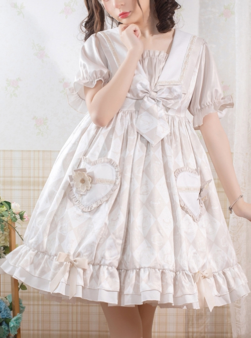 Alice Tutu Series Plaid Print Bow Love Flower Cute Fungus Sleeves Sweet Lolita Short-Sleeved Dress