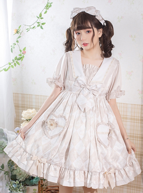 Alice Tutu Series Plaid Print Bow Love Flower Cute Fungus Sleeves Sweet Lolita Short-Sleeved Dress