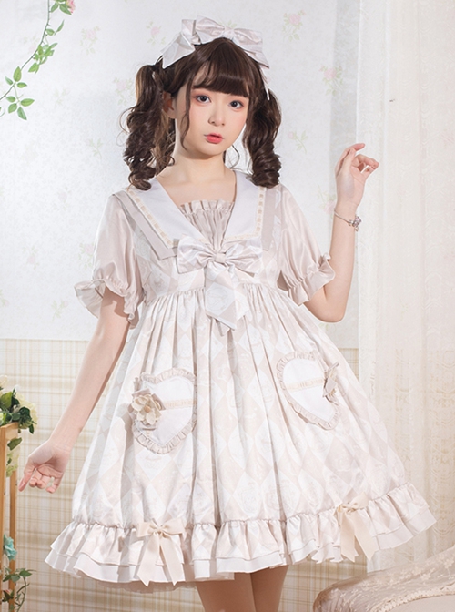 Alice Tutu Series Plaid Print Bow Love Flower Cute Fungus Sleeves Sweet Lolita Short-Sleeved Dress